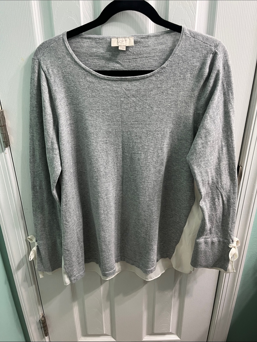 LOFT Gray Long Sleeve Top with Cream Layered Hem